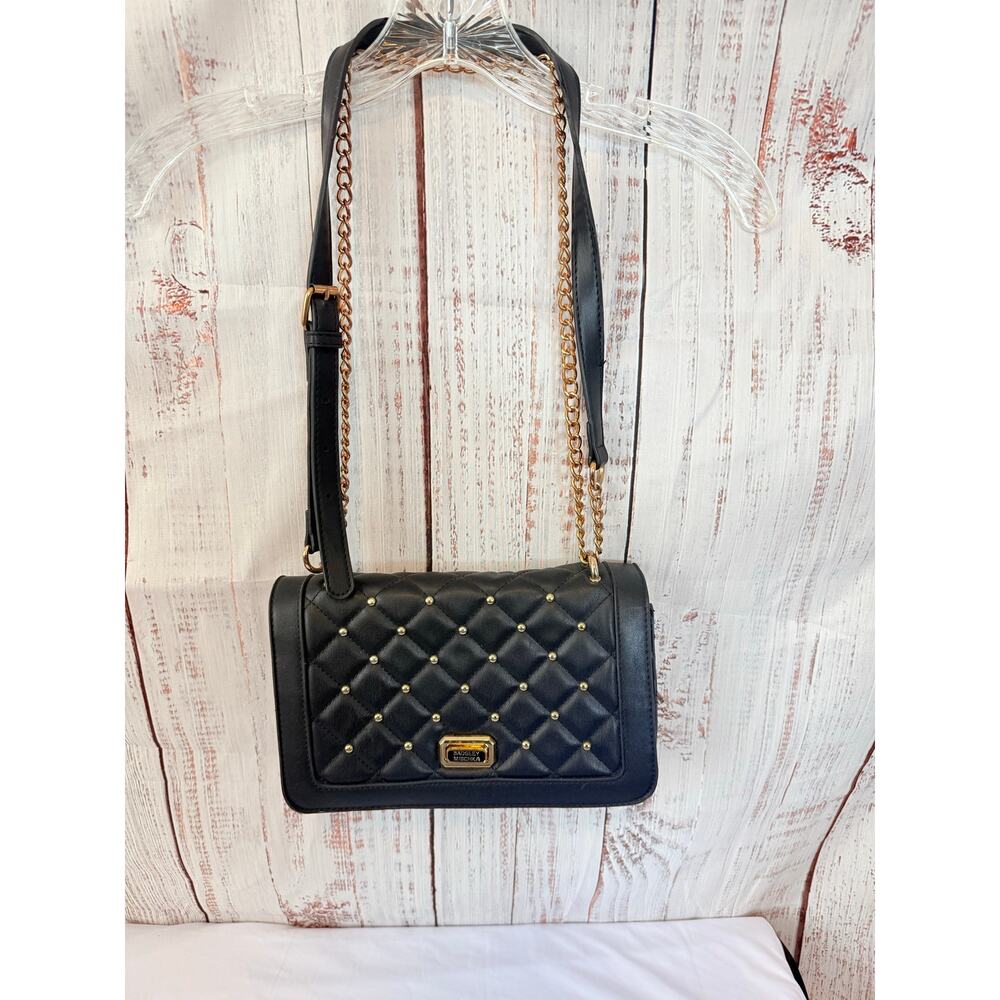 Badgley Mischka Black Quilted Studded Crossbody Shoulder Bag Gold Chain